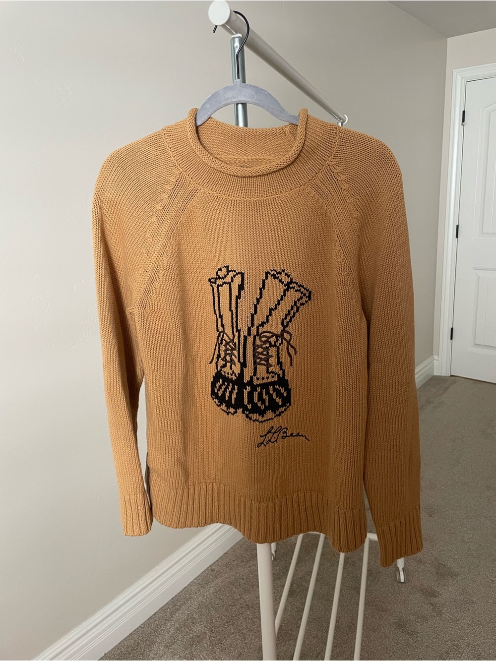 L.L. Bean Camel Crewneck Sweater with Black Boot Graphic